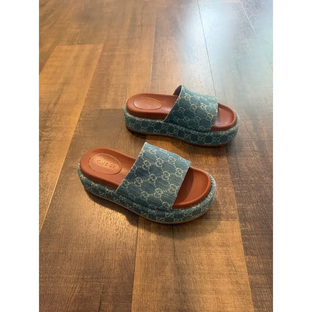 Gucci GG Denim Platform Slide Sandals Women's Size 7.5 Made in Italy